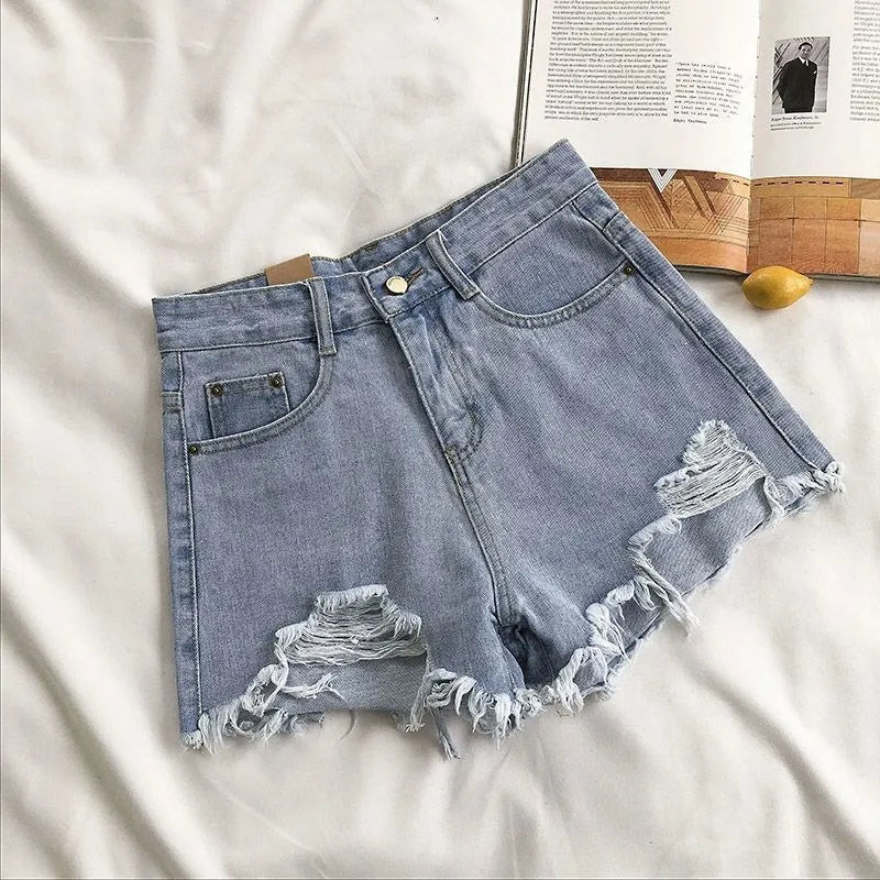 Korean Denim Shorts Women Summer Fashion Casual High Waist Ripped Jeans Pocket Tassel Y2K Hot Pants Streetwear Blue Trousers Blue