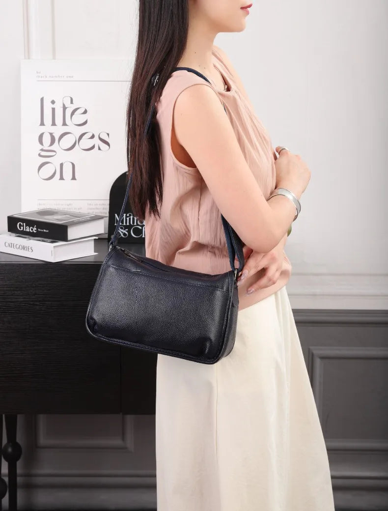 Women's Top-Grain Cowhide Leather Shoulder Bag Spacious Minimalist Crossbody for Effortless Commuting Tote with Adjustable Strap