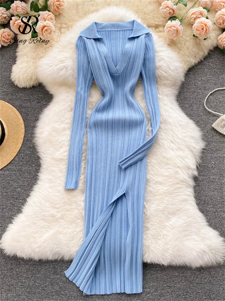 SINGREINY Women Korean Knitted Dress Long Sleeve V Neck Elastic Slim Pencil Dresses 2021 Autumn Sexy Bodycon Split Sweater Dress blue One Size