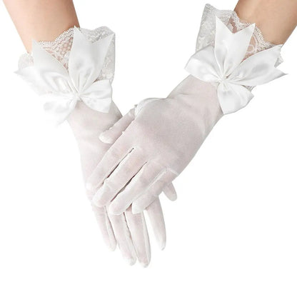 Fashion Bride Bow Lace Chiffon Gloves Women White Gloves Sunscreen Driving Gloves Marriage Party Accessories beige
