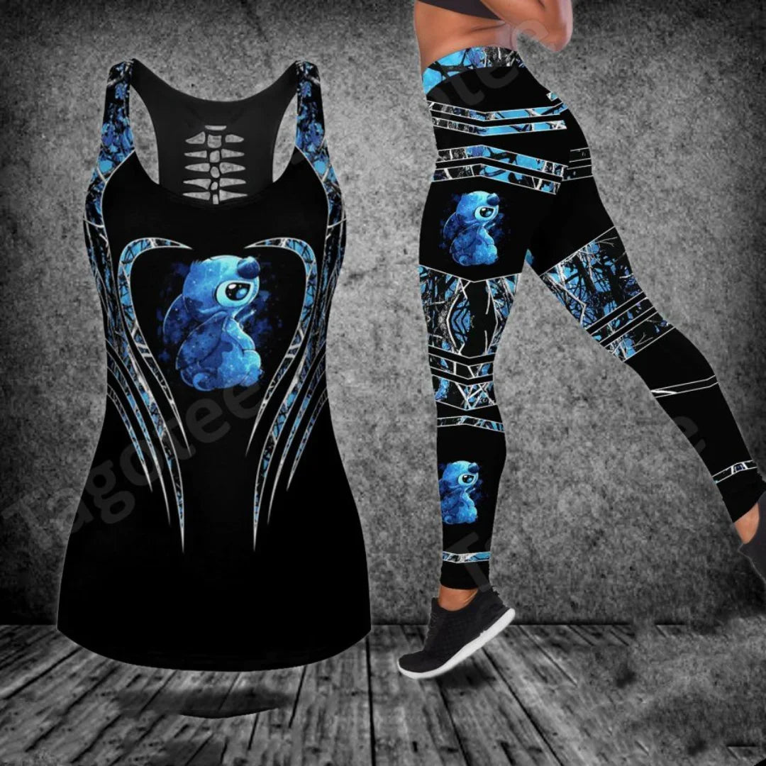 2024 Disney Stitch Women's Hollow Tanktop Yoga Set Summer Fitness Leggings Tracksuit Disney Cutout Tank Top Leggings Set 10