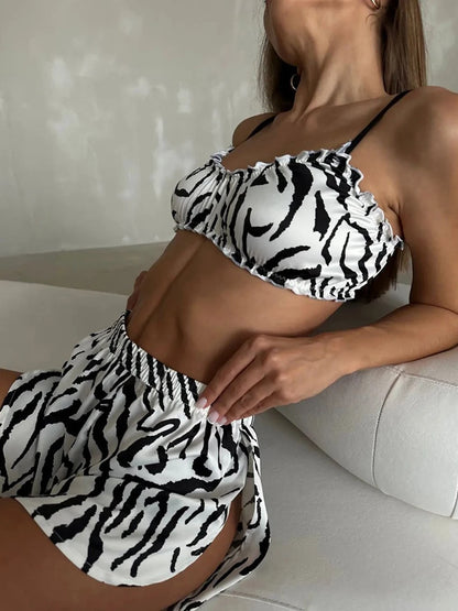 Marthaqiqi Printing Women Sleepwear 2 Piece Set Tank Tops Pajamas Crop Top Spaghetti Strap Nightgowns Shorts Casual Nightie Suit