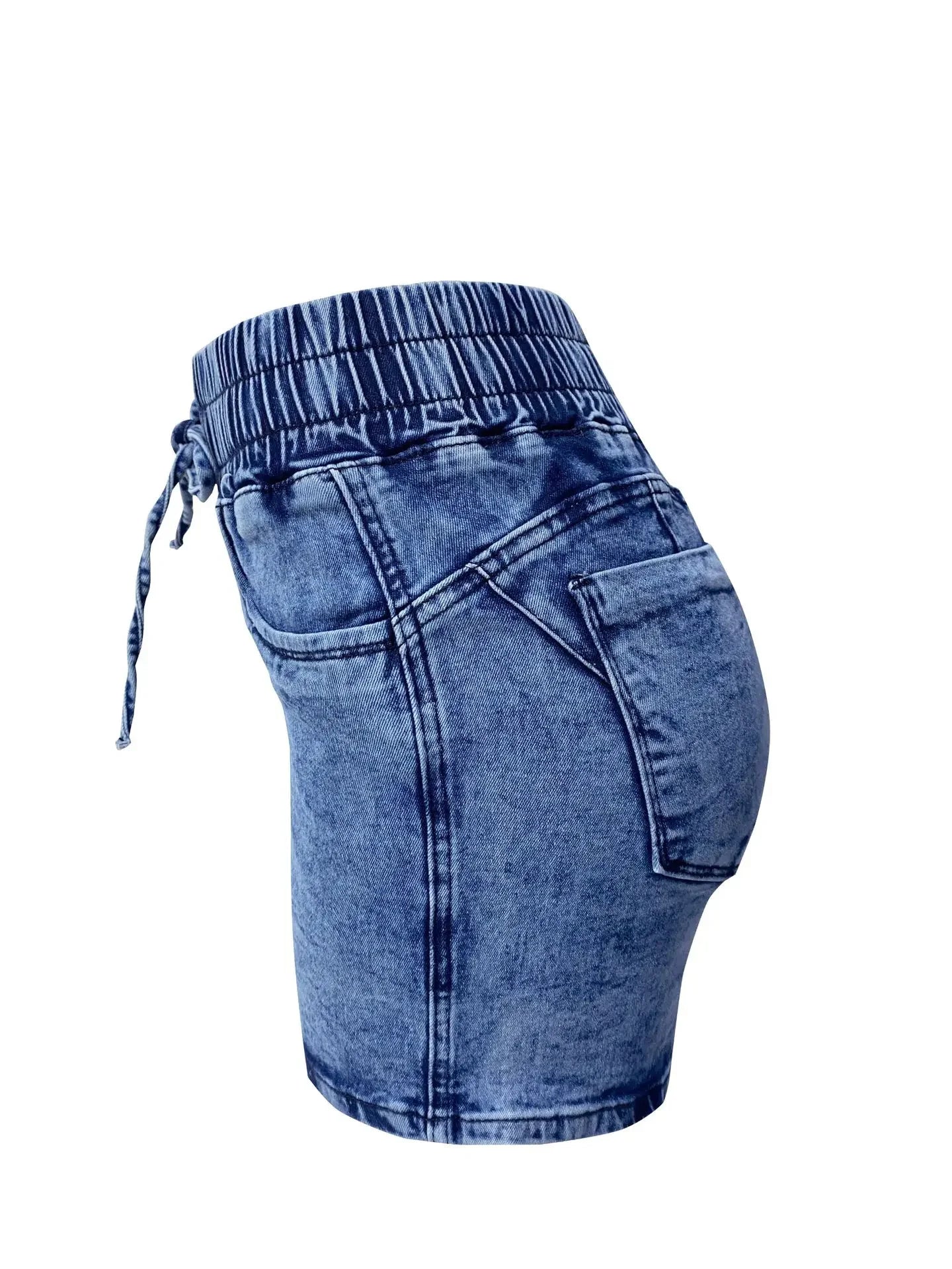 Women Jeans Denim Shorts Mid Waist Sexy Slim Fit Drawstring Pleated Summer 2024 Washing Pockets Slight Strech Solid Regular