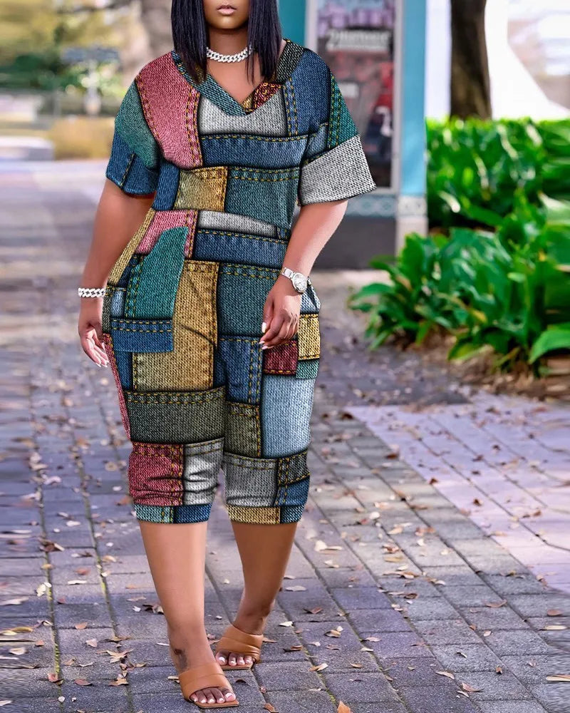 Plus size European and American cross-border summer loose V-neck stitched patch pocket print jumpsuit 4