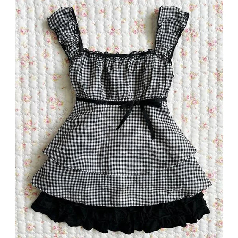 Vintage Stripped Lace Pleated Strap Dress Women Y2k American Short Dresses Fashion Chic Short Sleeve Streetwear Clothing Badiee Stylez