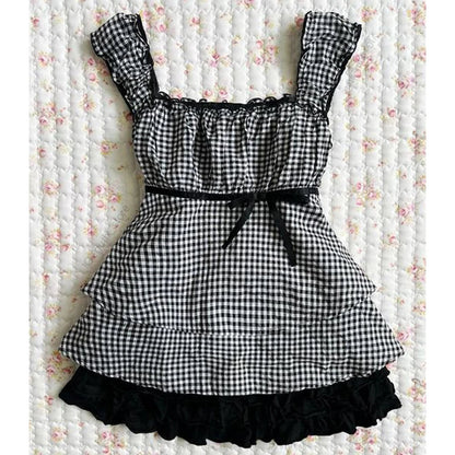Vintage Stripped Lace Pleated Strap Dress Women Y2k American Short Dresses Fashion Chic Short Sleeve Streetwear Clothing Badiee Stylez