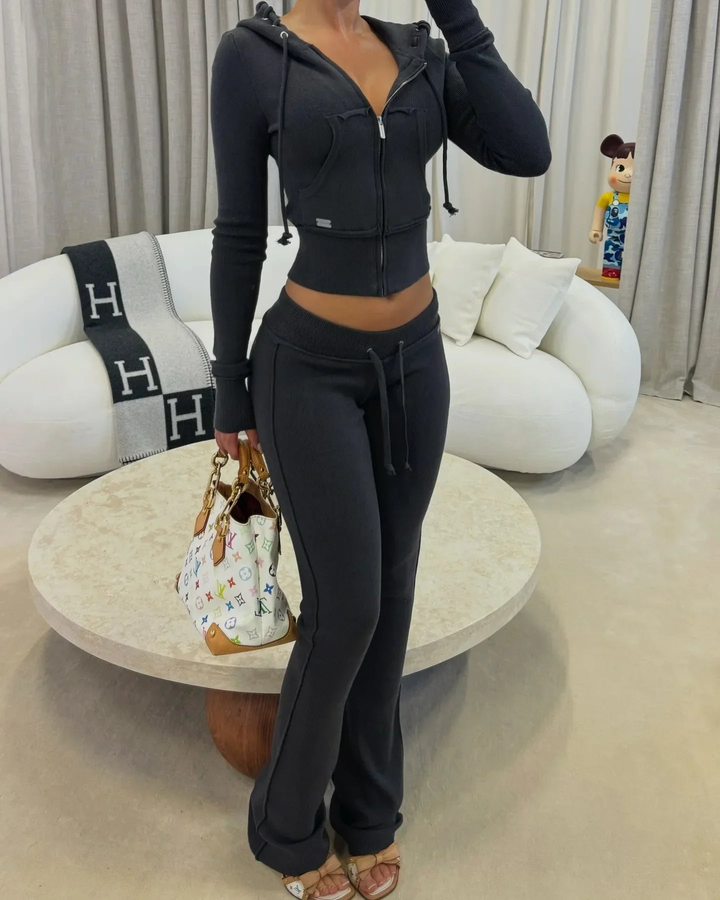Patchwork 2 Piece Set Tracksuit Women Zip Wide Waist Crop Hooded Pocket Jacket + Sporty Pants Matching Casual Basic Suit Dark Blue