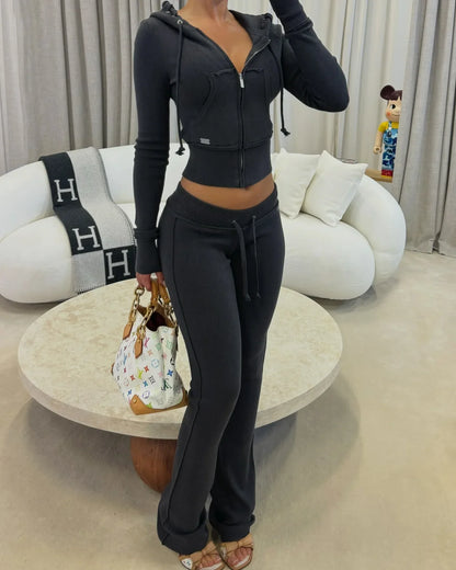 Patchwork 2 Piece Set Tracksuit Women Zip Wide Waist Crop Hooded Pocket Jacket + Sporty Pants Matching Casual Basic Suit Dark Blue