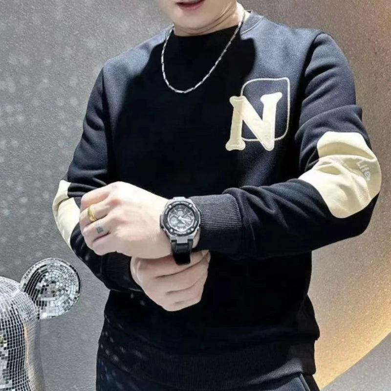 Trend Contrast Patchwork Print Letter Hoodies Sweatshirts Spring Autumn Long Sleeve Loose Casual Tops Fashion Lazy Men Clothing black