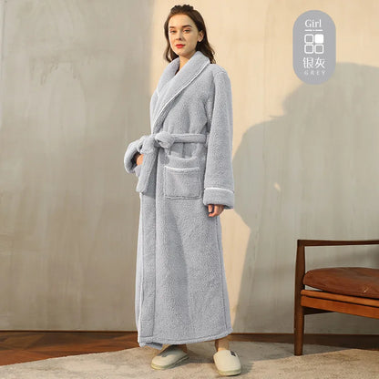 Men's Winter Bathrobe Long Sleeve Warm Turn Down Collar Man Fluffy Bath Robe With Sashes Solid Fleece Dressing Gown For Male Light gray female