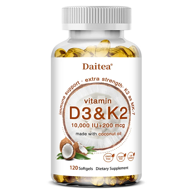 Vitamin D3 & K2 Capsules 10,000IU Vitamin D3 300mcg 200mcg K2 Supports Heart, Brain, Immune and Joint Health 120coumt United States