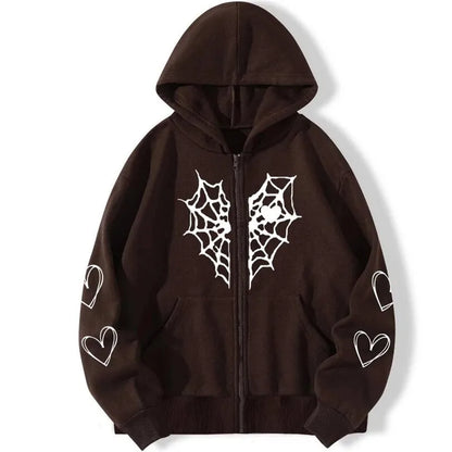 Y2K Rhinestone Cobweb Zip Up Oversized Sweatshirt 2022 Autumn Goth Hoodie Men Women Grunge Hooded Jacket Streetwear Y2K Clothing nz650-brown