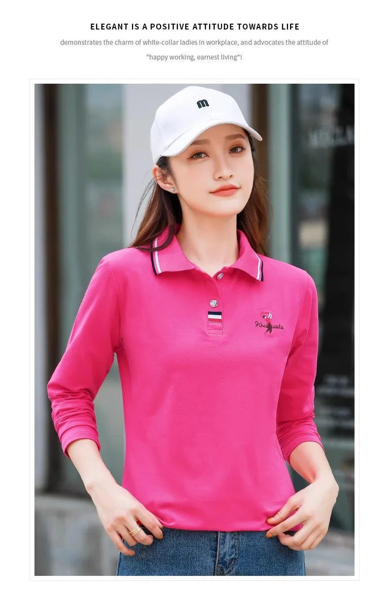 European Station Polo Neck Long sleeved T-shirt Women's Summer New High end Luxury Pure Cotton Loose Fashion Casual Large Top