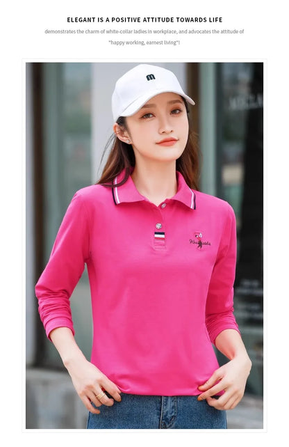 European Station Polo Neck Long sleeved T-shirt Women's Summer New High end Luxury Pure Cotton Loose Fashion Casual Large Top