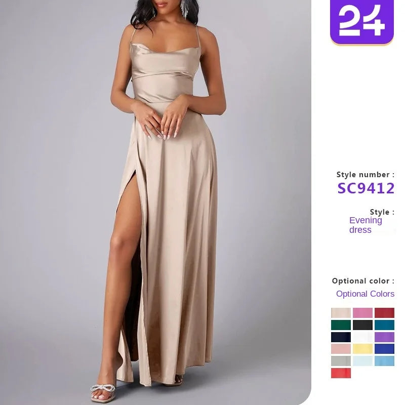 Backless Slimming Long Evening Dress Women Sexy V Neck Sleeveless Gown With Waist Tie For Formal Party Wedding Guest Maxi Dress