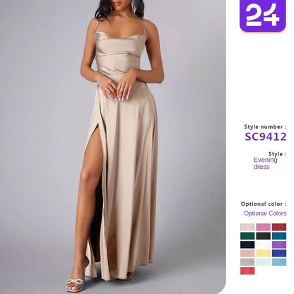 Backless Slimming Long Evening Dress Women Sexy V Neck Sleeveless Gown With Waist Tie For Formal Party Wedding Guest Maxi Dress