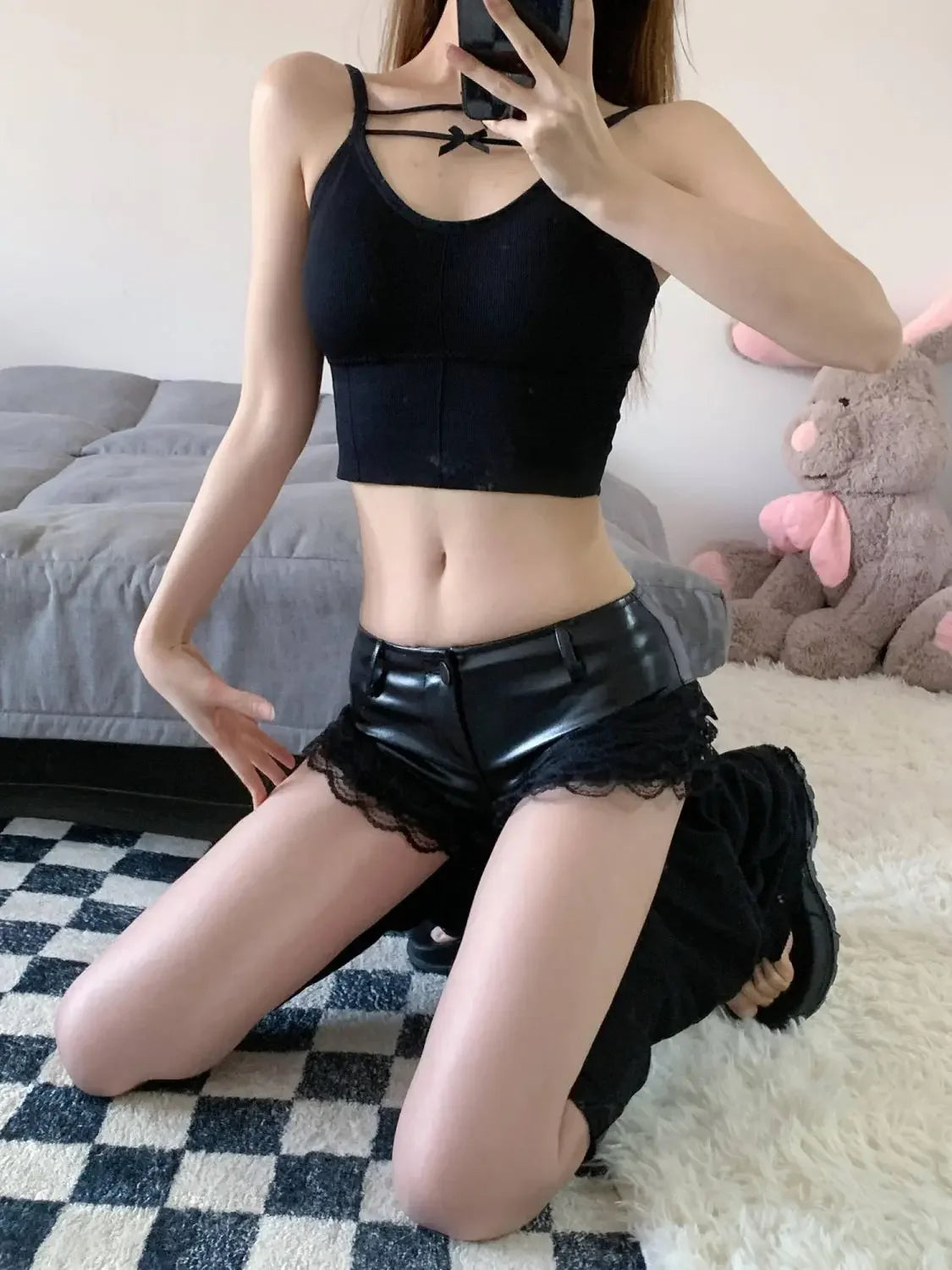 Leather Tight Skinny Black Low Rise Waist Female Short Pants Women's Shorts Booty Sexy Micro Mini Lace Coquette Casual Wholesale