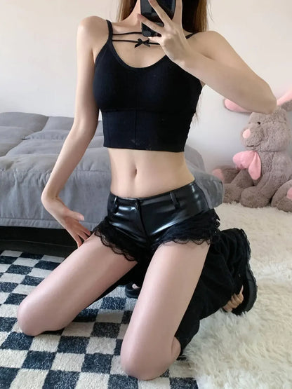 Leather Tight Skinny Black Low Rise Waist Female Short Pants Women's Shorts Booty Sexy Micro Mini Lace Coquette Casual Wholesale
