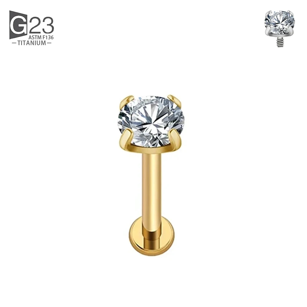 ASTM F136 Titanium 2/2.5/3/4mm CZ Labret Stud 16G Tragus Helix Cartilage Conch Flatback Earlobe Piercing Body Jewelry Gold 4mm CZ
