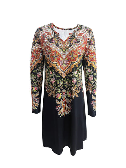 Women's casual retro style printed long sleeved dresses for women,fashion scallop women short dresses,spring outfits for women