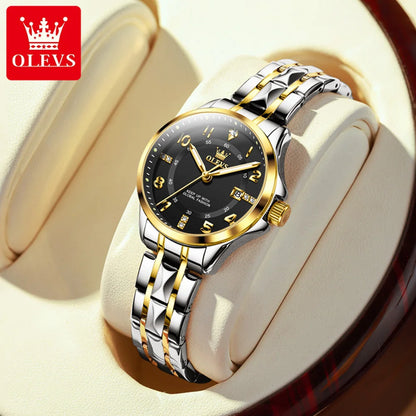 OLEVS 2910 Original Quartz Watches for Women Rhombus Steel Strap Waterproof Luminous Calendar Elegant Luxury Ladies Wristwatches Gold Black