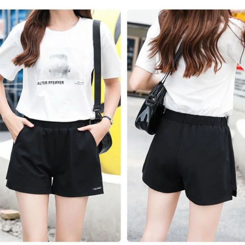 Women's summer high elasticity drawstring wide leg short S-3XL oversized sports underwear with side bar splicing sports shorts