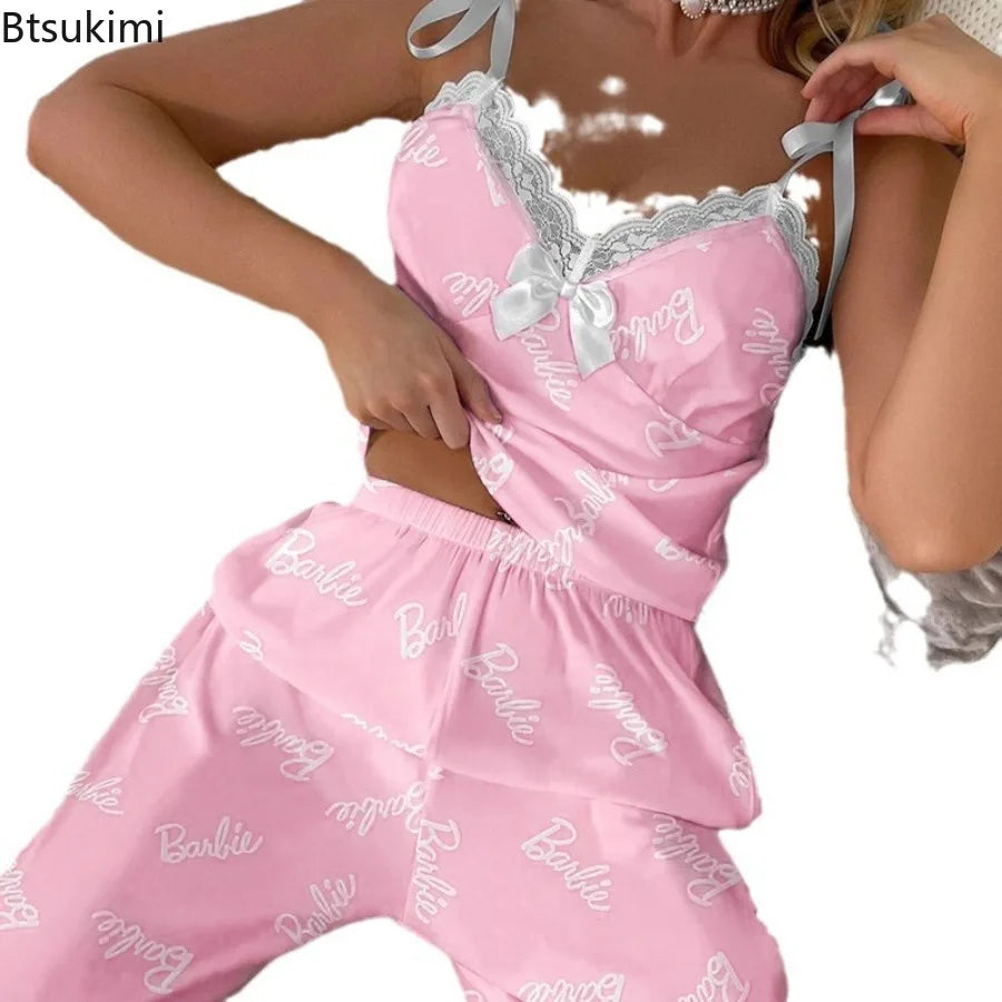 New 2025 Women's Summer Pajama Sets Lace Design V-neck Pajamas Soft Fabric Two-piece Print Sleepwear Ladies' Suspender Pants Set