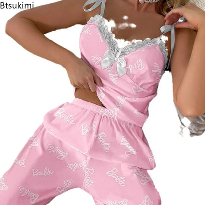 New 2025 Women's Summer Pajama Sets Lace Design V-neck Pajamas Soft Fabric Two-piece Print Sleepwear Ladies' Suspender Pants Set