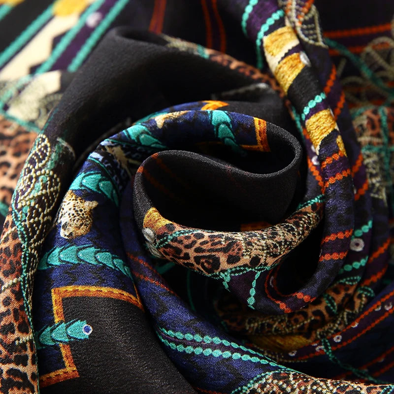 2025 Summer Bohemian Dresses For Women Elegant V-neck High Waist Women's Print Black Dress A-line 100% Real Silk Long Midi Dress Badiee Stylez