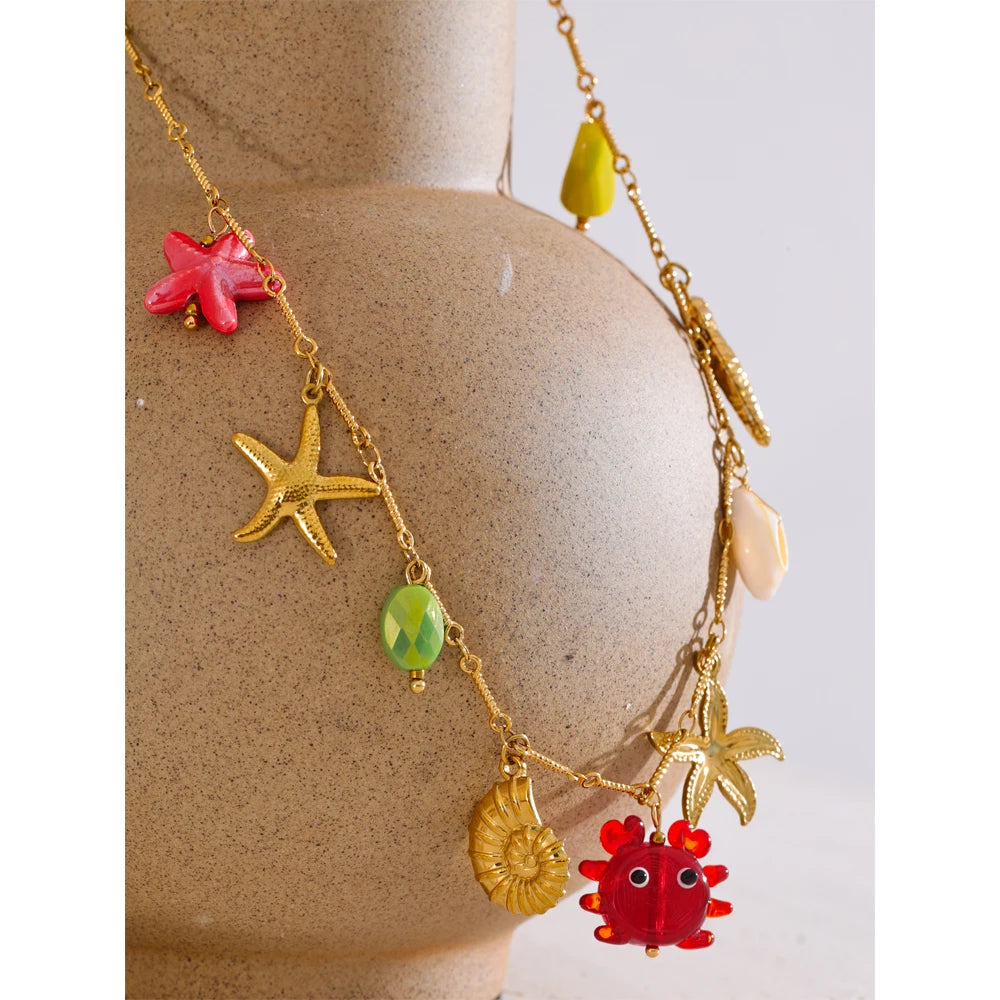 Yhpup Ocean Style Summer Fashion Jewelry Crab Starfish Shell Pendant Necklace Stainless Steel Golden Charm Pendant Accessories