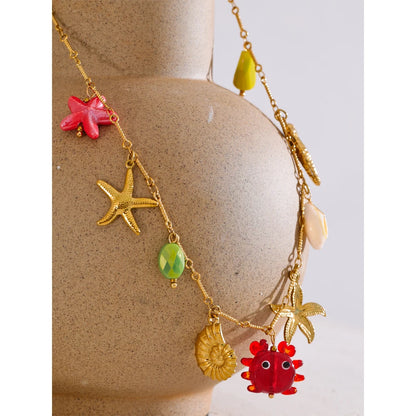 Yhpup Ocean Style Summer Fashion Jewelry Crab Starfish Shell Pendant Necklace Stainless Steel Golden Charm Pendant Accessories