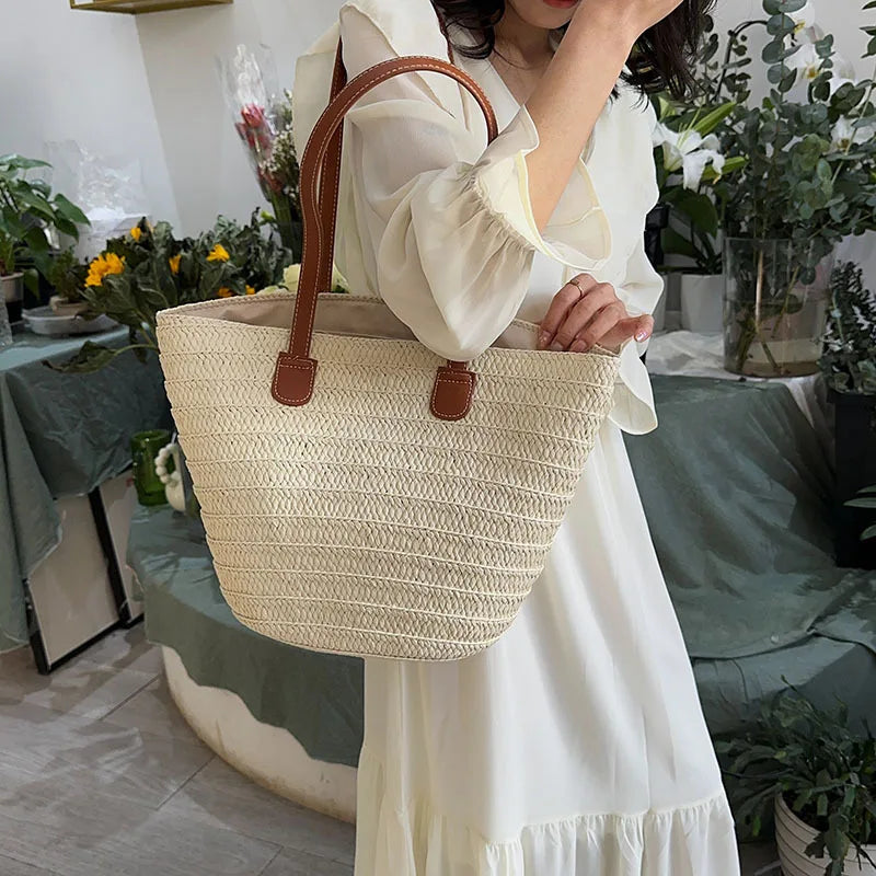 Women's Large Capacity Shoulder Bag Summer Straw Woven Basket Handbag Fashion Female Luxury Designer Beach Bag Bali Shopper Tote
