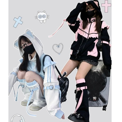 Japanese Sweet Coats Y2K Clothing Hoodie Women Tops Autumn and Winter Color Match Splicing with Thick Velvet Cardigan Jackets