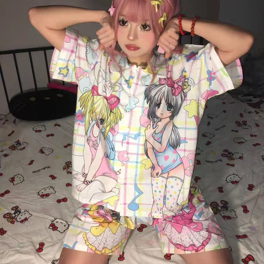 Pajamas Clothes Set Two Piece Set Women's Clothing Homewear Spring Summer Japanese Cartoon Comfort Casual Fashion Breathable Fit Badiee Stylez