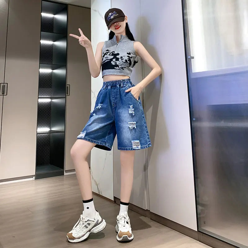Plus Size Denim Shorts For Women 2024 Summer Wide Leg Loose Blue Jeans Shorts High Elastic Waist Half Length Casual Denim Shorts