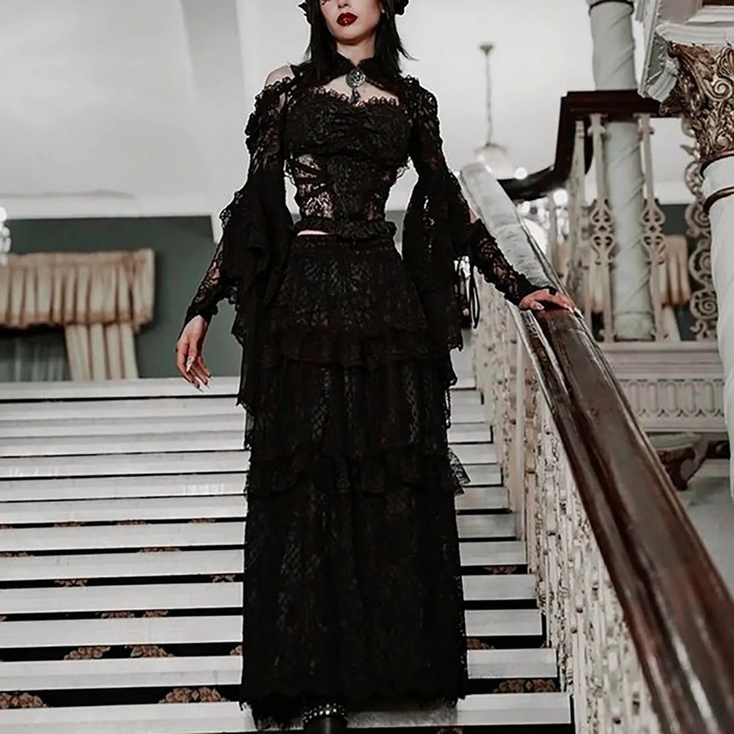 Punk Bolero Shrug Top Trad Goth Black Shawls Flared Sleeve Cover Wraps for Evening Dresses Short Cardigan See-Through Lace Shrug