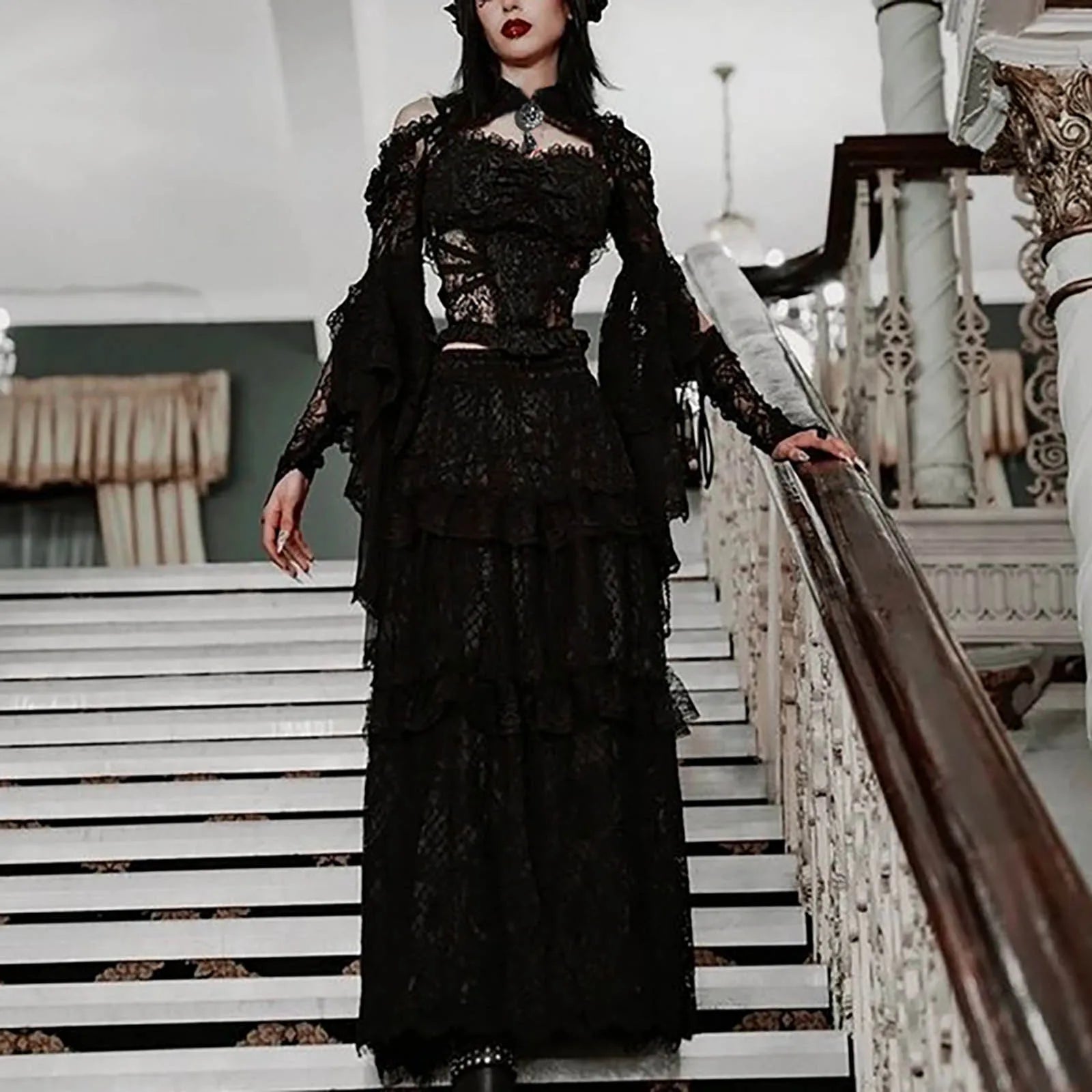 Punk Bolero Shrug Top Trad Goth Black Shawls Flared Sleeve Cover Wraps for Evening Dresses Short Cardigan See-Through Lace Shrug