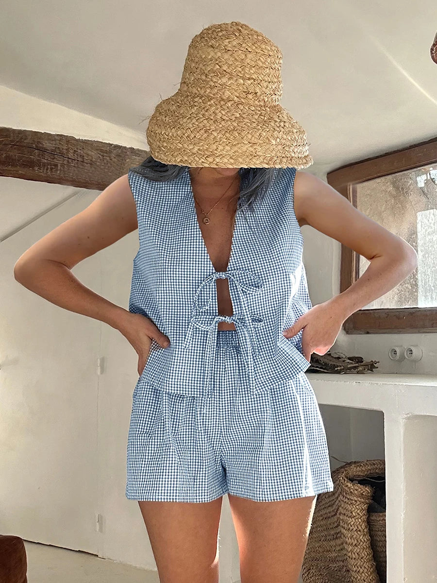 Women 2-Piece Shorts Set Plaid Print Lacing V-Neck Sleeveless Tank Tops Elastic Waistband Shorts Loungewear Outfits