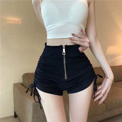 High Waist Shirring Black Bodycon Shorts Female Summer All-match Pleated Elasticity Elastic Waist Straight Women Slim Trousers black