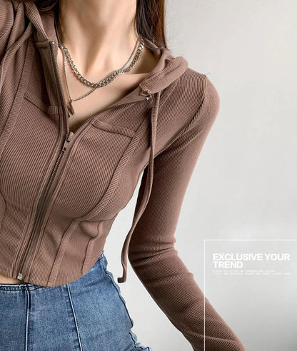 Thin Hooded Cardigan Women Korean Vintage Slim Summer Solid Sports Jacket Vertical Pit Stripe Zipper Female Sexy Cropped Tops