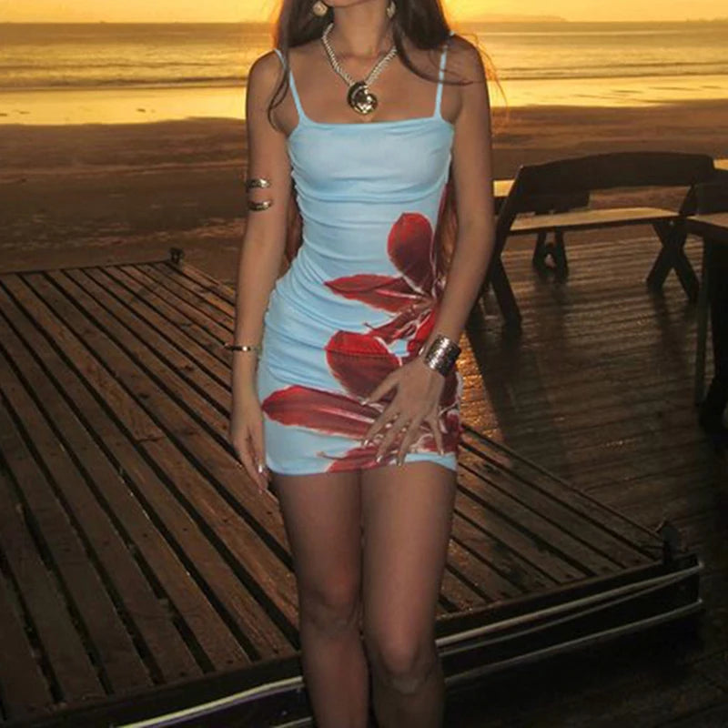 HEYounGIRL Boho Chic Spaghetti Strap Mini Dress Summer Y2K Floral Print Women Sexy Bodycon Dresses Beach Vacation Style Outfits