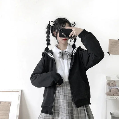 Deeptown Kawaii Zip Up Hoodies Black Japanese Preppy Style Sailor Collar Sweatshirts Sweet Lolita Coats Loose Cute Top Soft Girl