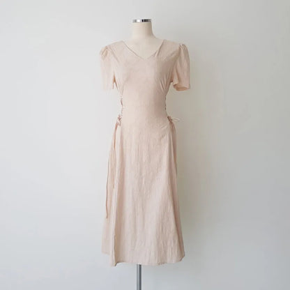 Cotton Linen Dress Long New Hot Sales Woman Short Sleeve Solid Retro Vintage Long Dresses