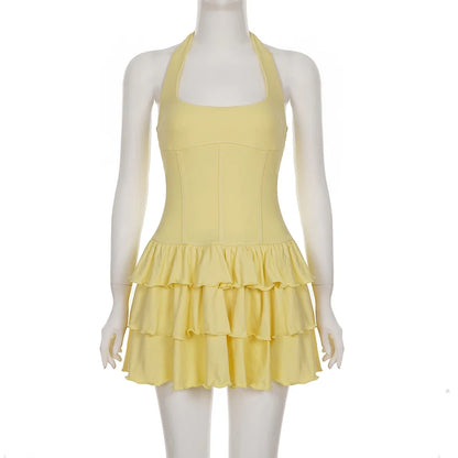 Tornova Vacation Halter Mini Dress For Women Solid High Waist Puffy Dress Ruffled Splice Fashion Sexy Slim Dress 2025 Summer New Yellow