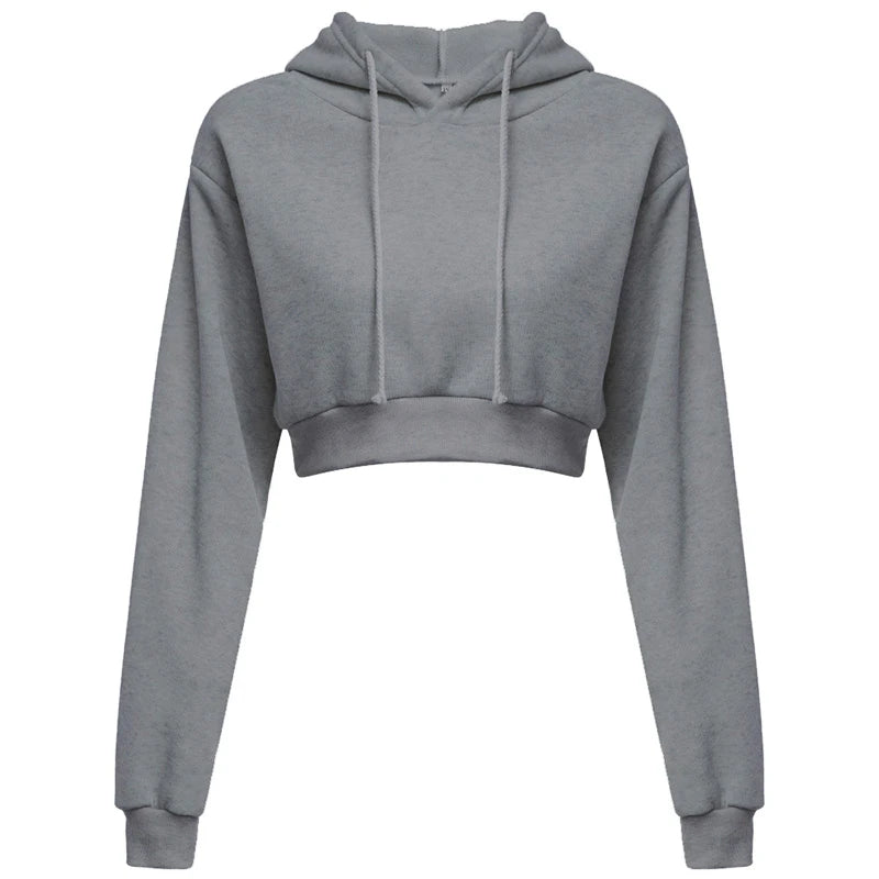 New Fashion Women Hoodie Sweatshirt Short Top Coat Sport Pullover Hooded Tops Female Autumn Winter Clothes Crop Top Hoodie Dark Grey