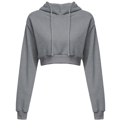 New Fashion Women Hoodie Sweatshirt Short Top Coat Sport Pullover Hooded Tops Female Autumn Winter Clothes Crop Top Hoodie Dark Grey