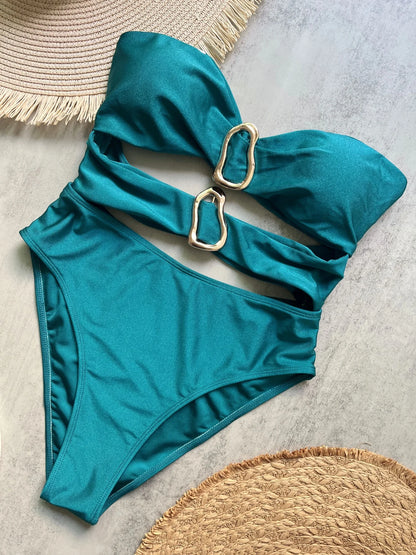 3 Colors Sexy Metal Rings Cut Out Women Swimwear One Piece Swimsuit Female Bandeau High Leg Cut Bather Bathing Suit Swim B022D B026D