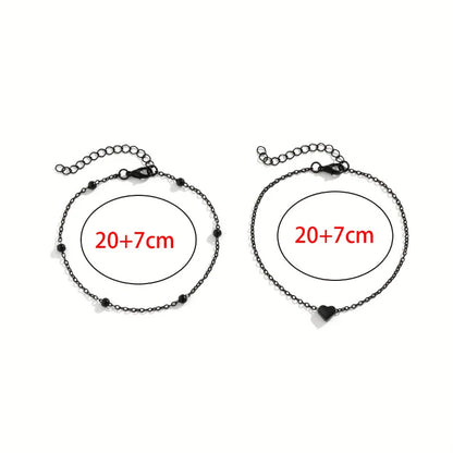 Double Tiny Heart Chain Anklets for Men Women Teen Girls, Black Tone, Ankle Bracelets Hypoallergenic Adjustable