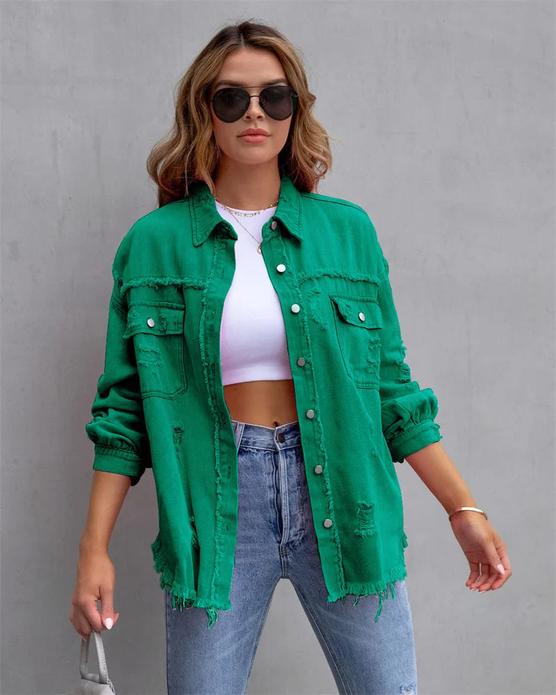 2025 Spring Autumn Shirt Style Denim Jacket Women Holes Raw-edges Jeancoat Casual Tops Female Oversize Loose Outerwear 7 Colors