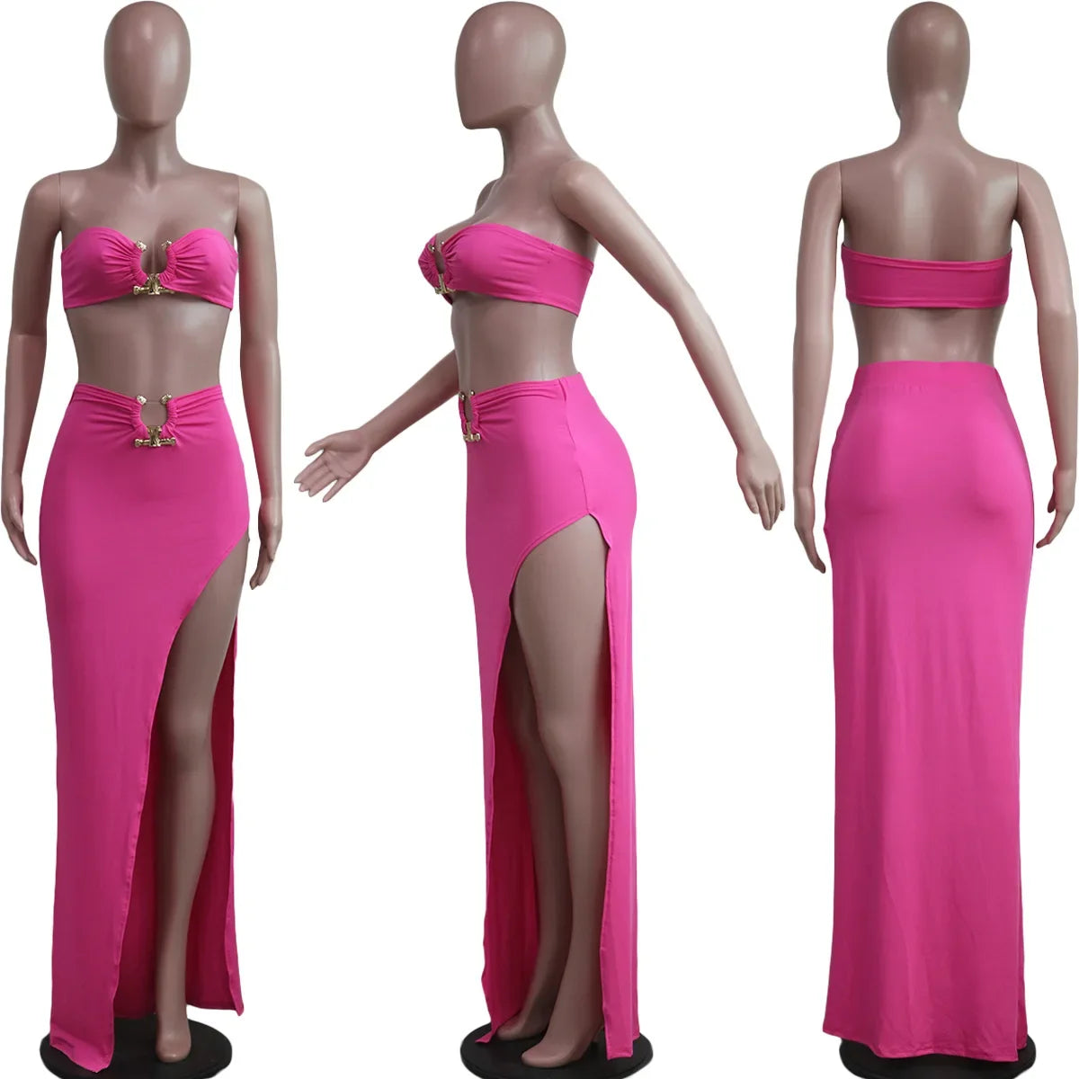 New Chic Gold Ring Bandeau Slit Skirt Two-Piece Set Womens Beautiful Off Shoulder Matching Skirt Set Nightclub Outfits Badiee Stylez